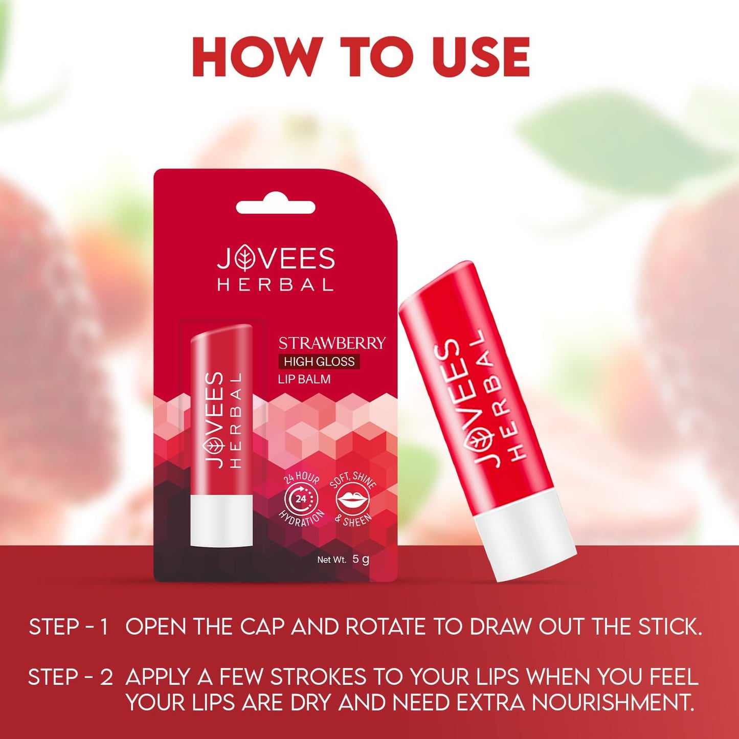 Jovees Herbal Strawberry High Gloss Lip Balm For Soft, Glossy And Supple Lips | 24 Hour Hydration | Rejuvenates Dark, Pigmented, Dry, Chapped And Discoloration Lips 5g