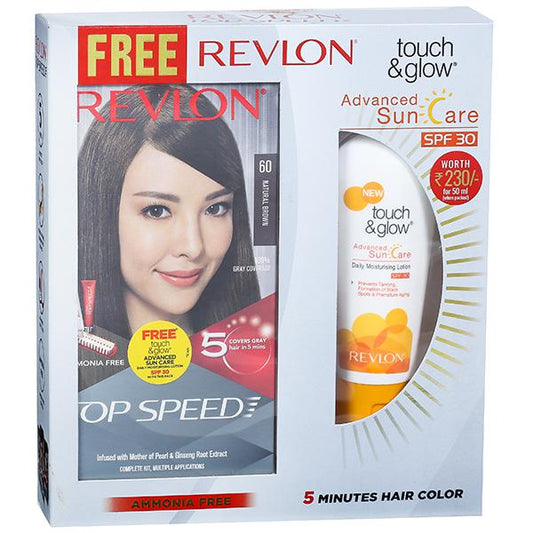 Revlon Top Speed Hair Color Natural Brown 60 (Free Revlon Touch & Glow Spf 30 Sun Care Lotion 50 ml) (40 g + 40 g + 15 ml)