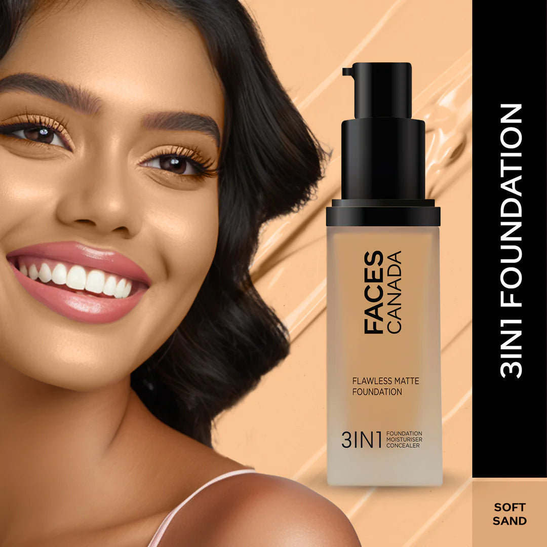 FACES CANADA Flawless Matte Foundation 30 ml | 3-in-1 Foundation + Moisturizer + Concealer | 12 HR Hydration + SPF 18 | Full HD Matte Coverage | Lightweight | Anti Ageing