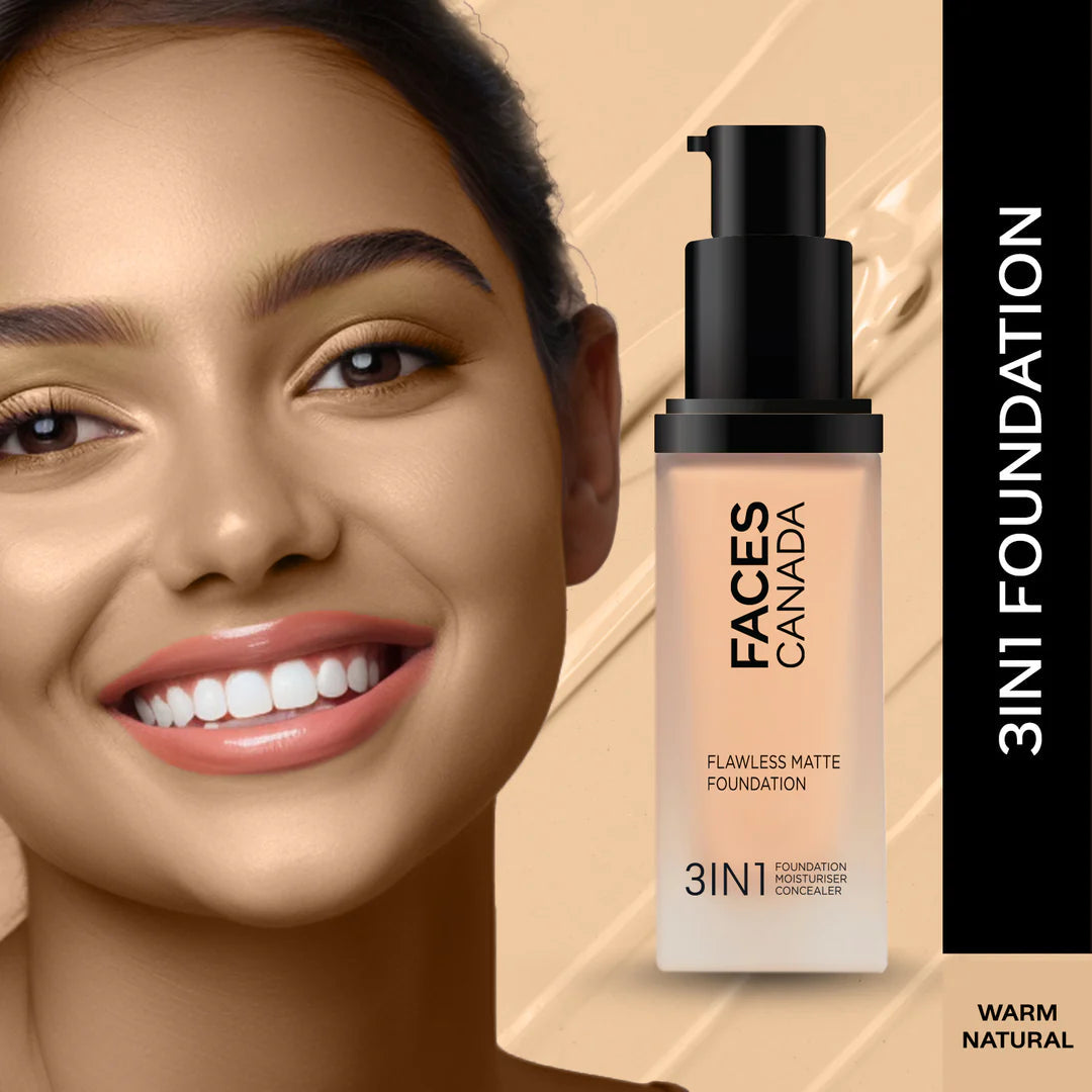 FACES CANADA Flawless Matte Foundation 30 ml | 3-in-1 Foundation + Moisturizer + Concealer | 12 HR Hydration + SPF 18 | Full HD Matte Coverage | Lightweight | Anti Ageing