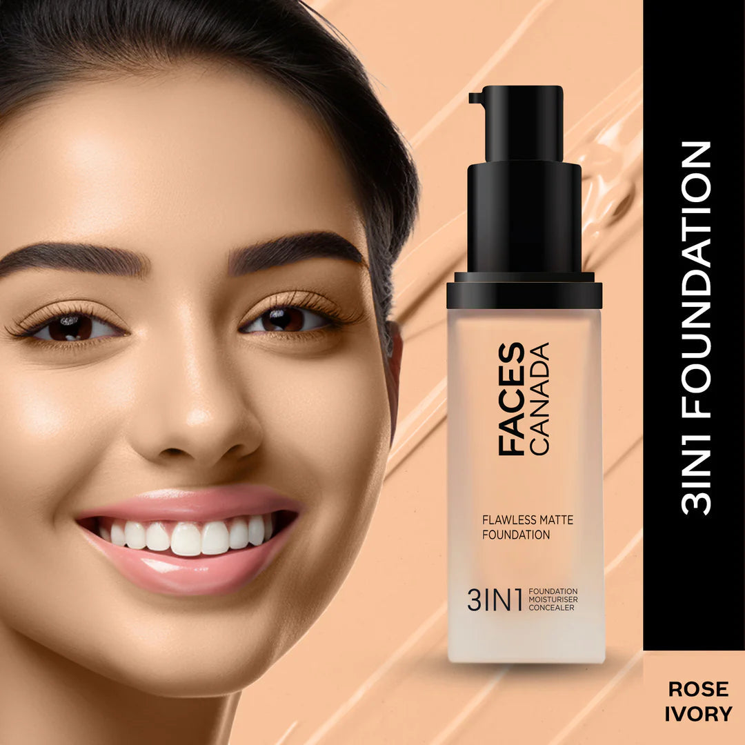 FACES CANADA Flawless Matte Foundation 30 ml | 3-in-1 Foundation + Moisturizer + Concealer | 12 HR Hydration + SPF 18 | Full HD Matte Coverage | Lightweight | Anti Ageing