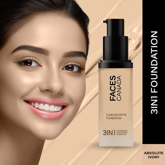 FACES CANADA Flawless Matte Foundation 30 ml | 3-in-1 Foundation + Moisturizer + Concealer | 12 HR Hydration + SPF 18 | Full HD Matte Coverage | Lightweight | Anti Ageing