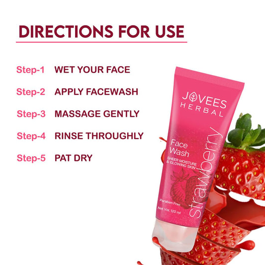 Jovees Herbal Strawberry Face Wash For Hydrating & Glowing Skin with Strawberry Ext. | Gentle Cleanser For Brightens Skin, Removes Pigmentation 120ml