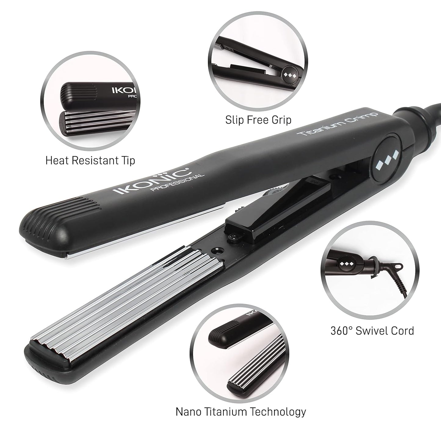 Ikonic Professional Hair Crimper Slim Titanium Crimp 2.0 Nano Micro Crimper Black