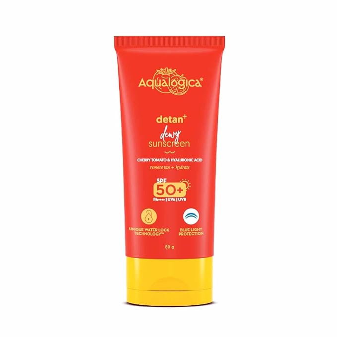 Aqualogica Detan+ Dewy Sunscreen with Cherry Tomato & Hyaluronic Acid with SPF 50 & PA++++ for Men & Women - For Normal, Dry & Combination Skin 80g