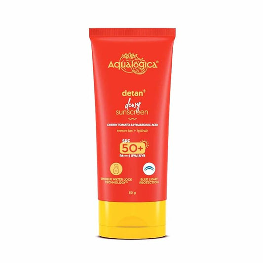 Aqualogica Detan+ Dewy Sunscreen with Cherry Tomato & Hyaluronic Acid with SPF 50 & PA++++ for Men & Women - For Normal, Dry & Combination Skin 80g
