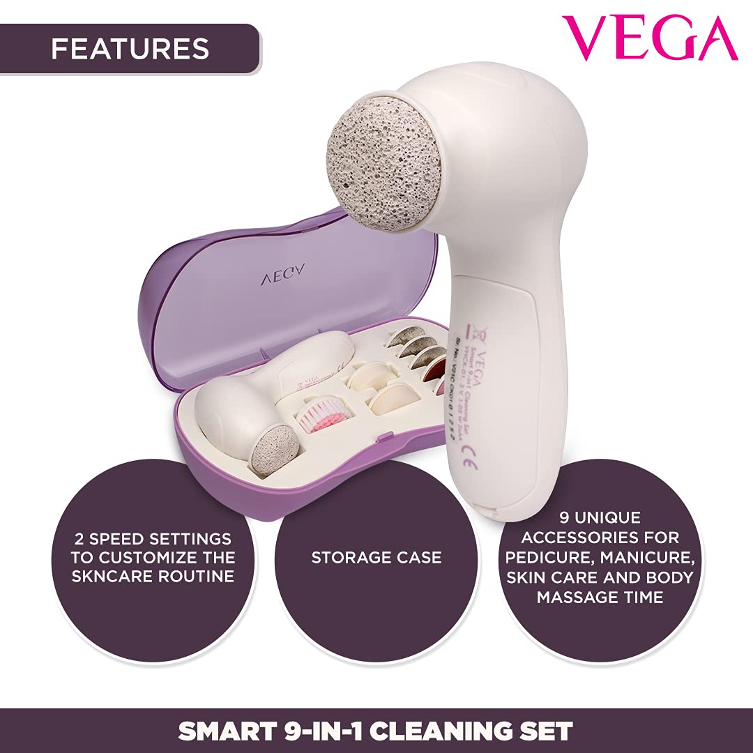 VEGA Smart 9-in-1 Head To Toe Cleaning Set For Pedicure, Manicure And Skin & Body Massager, (VHCK-01), White