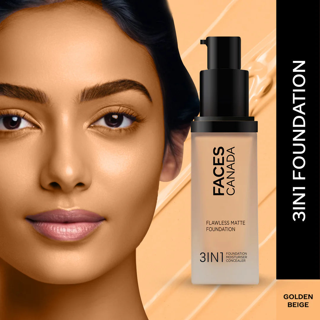 FACES CANADA Flawless Matte Foundation 30 ml | 3-in-1 Foundation + Moisturizer + Concealer | 12 HR Hydration + SPF 18 | Full HD Matte Coverage | Lightweight | Anti Ageing