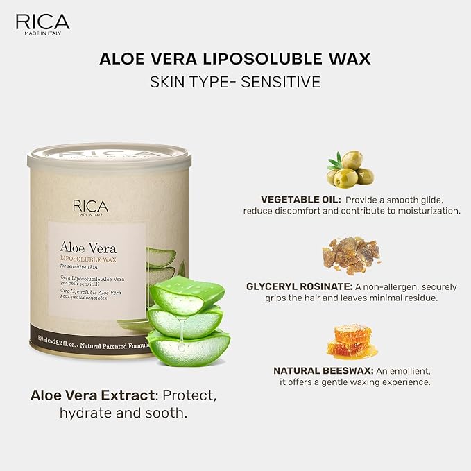 Rica Aloe Vera Liposoluble Wax For Sensitive Skin Men & Women Hair Removal Cream for Arms, Chest, Legs, Back, and Full Body (800 ML)