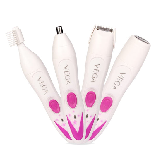 VEGA Feather Touch 4-In-1 Trimmer for Women, Suitable for trimming Eyebrows, Nose, Face & Bikini Area (VHBT-03), White
