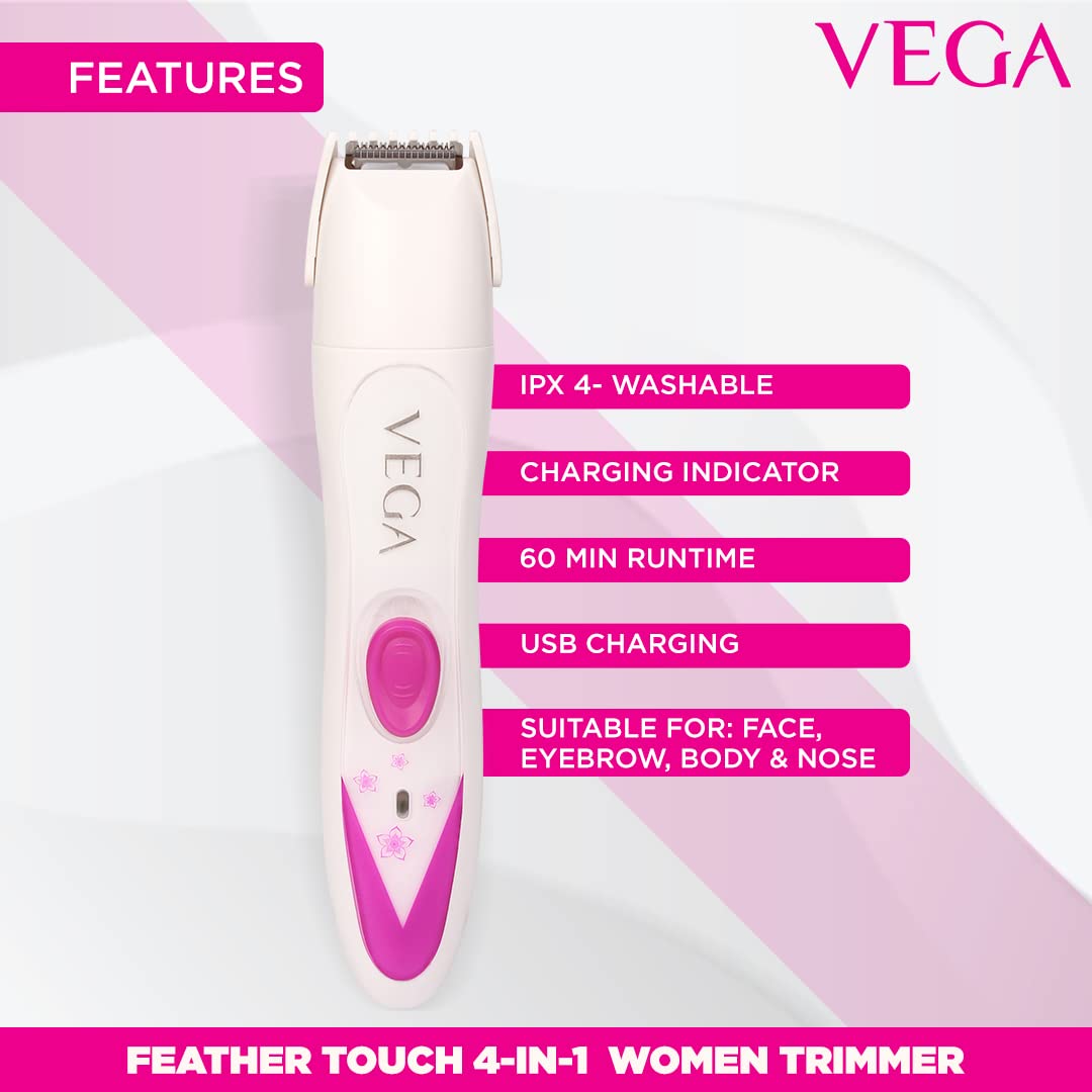 VEGA Feather Touch 4-In-1 Trimmer for Women, Suitable for trimming Eyebrows, Nose, Face & Bikini Area (VHBT-03), White