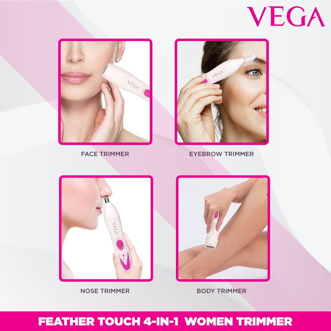 VEGA Feather Touch 4-In-1 Trimmer for Women, Suitable for trimming Eyebrows, Nose, Face & Bikini Area (VHBT-03), White