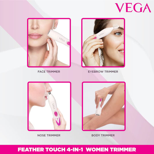 VEGA Feather Touch 4-In-1 Trimmer for Women, Suitable for trimming Eyebrows, Nose, Face & Bikini Area (VHBT-03), White