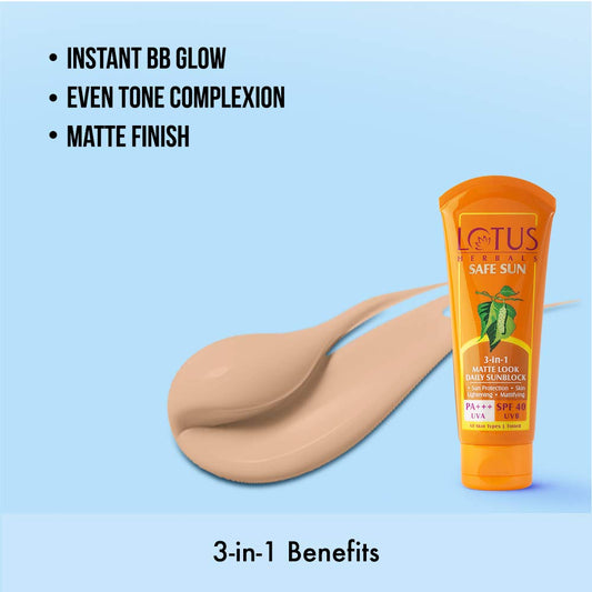 Lotus Herbal Safe Sun 3 In 1 Matte Look Daily Sunblock Spf 40Uvb All Skin Type 100g