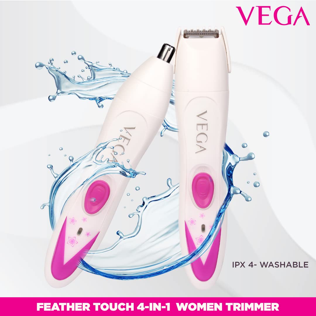 VEGA Feather Touch 4-In-1 Trimmer for Women, Suitable for trimming Eyebrows, Nose, Face & Bikini Area (VHBT-03), White