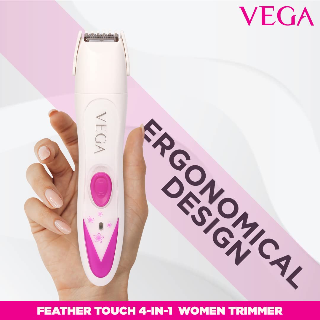 VEGA Feather Touch 4-In-1 Trimmer for Women, Suitable for trimming Eyebrows, Nose, Face & Bikini Area (VHBT-03), White
