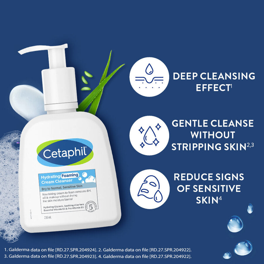 Cetaphil Hydrating Foaming Cream Cleanser 236 ml for Dry to Normal Sensitive Skin with Niacinamide, Aloevera and Glycerin
