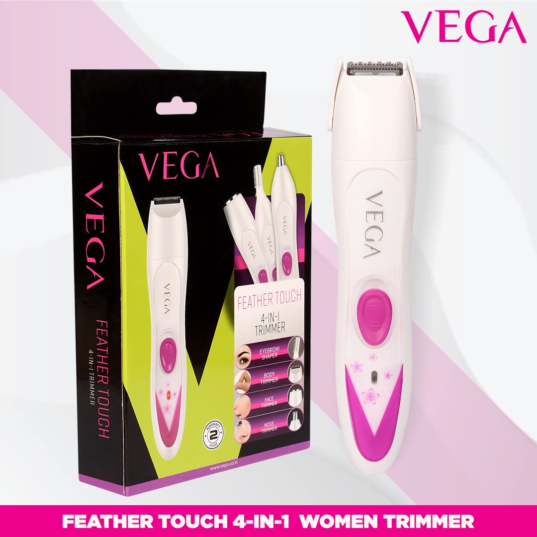 VEGA Feather Touch 4-In-1 Trimmer for Women, Suitable for trimming Eyebrows, Nose, Face & Bikini Area (VHBT-03), White