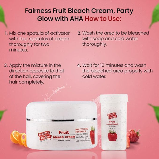 Beauty Basket Fairness Fruit Bleach Cream | Party Glow with AHA | Essence Fruit Fun Fairness Bleach For Women | 100% Natural Cream | Skin Brightening Fairer | Gift Set Pack Cream (180ml + 45Gram)