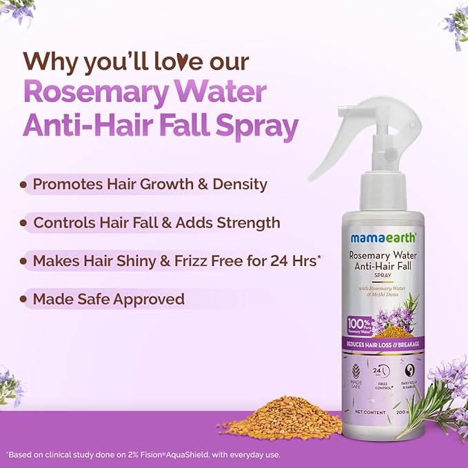 Mamaearth Rosemary Water Anti-Hair Fall Spray with 100% Pure Rosemary Water & Methi Dana | For Hair Growth | Stronger & Denser Hair | 24-H Frizz Control | Folligen ANALupe, Fision Aquashield | Shiny & Smooth Hair | 200 ml