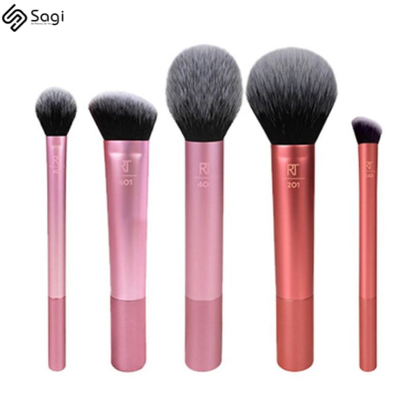Real Techniques Face Essentials For Blush + Highlighter + Powdre + Nose Shadow + Contour 5 Brush Set