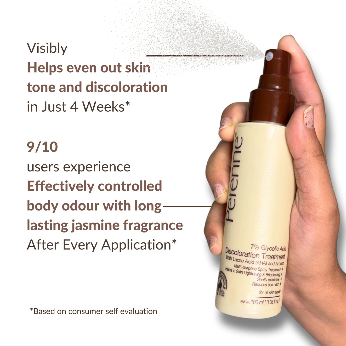 Perenne 7% Glycolic Acid Discoloration Treatment Spray for Skin Brightening | Controls Body Odour | Helps reduce the darkness and pigmentation of underarms, elbows, neck, knees, and inner thighs | Multiple purpose spray for Face, Body and Scalp | 100ml