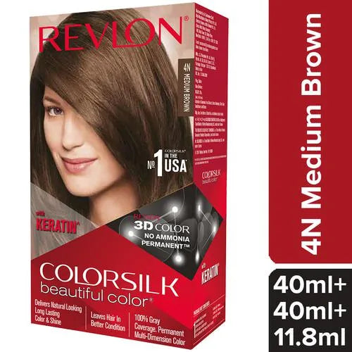 Revlon Colorsilk Hair Color - No Ammonia, With Keratin & 3D Color Gel Technology, 155.61 g Medium Brown 4N