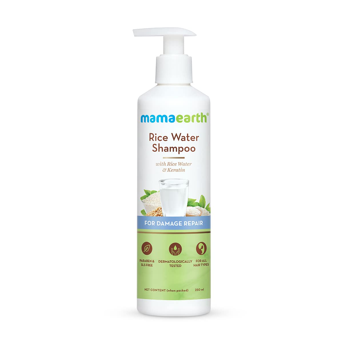 Mamaearth Rice Water Shampoo with Rice Water & Keratin For Damage Repair - 250 ml Reduces Split Ends | Prevents Breakage