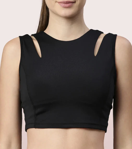 Enamor Shelf Bra Crop Vest | Crew Neck Vest With In-Built Shelf Bra Support | Hugged Fit E123