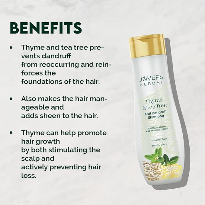 Jovees Herbal Thyme & Tea Tree Anti Dandruff Shampoo | With Tea Tree, Thyme & Lemon Extract | For All Hair Type | Prevents Dandruff & Dry Scalp 300ml