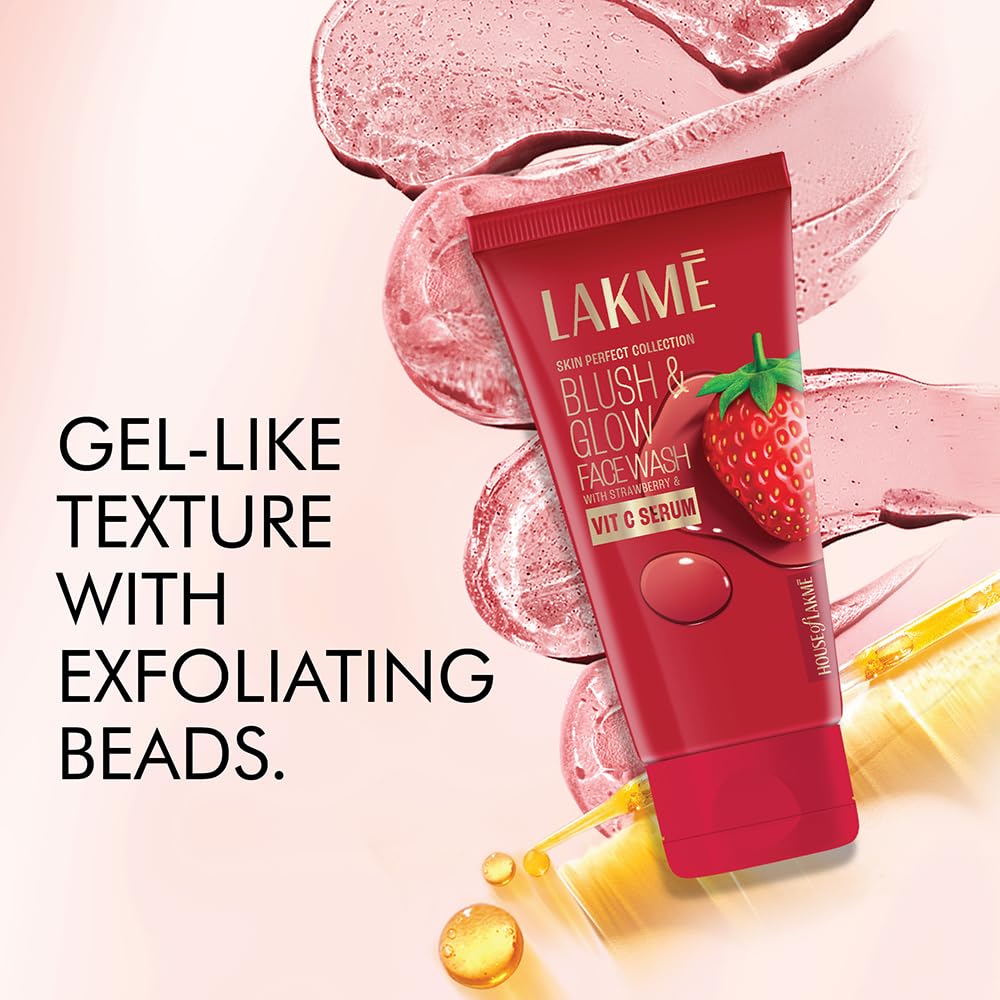 LAKMÉ Blush & Glow Exfoliating Face Wash with Vitamin C Serum, Hydrating and Gentle Facewash with Strawberry Fruit Extracts 100g