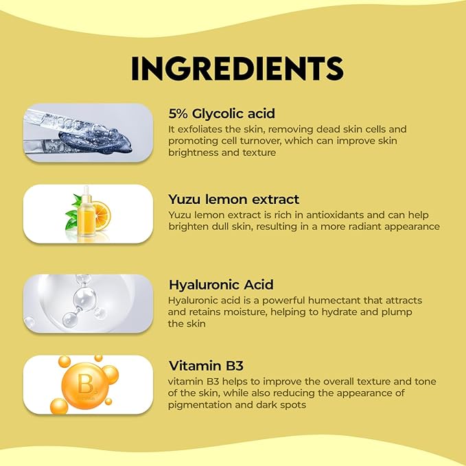 Jovees Herbal 5% Glycolic Acid Brightening Serum With 5% Niacinamide Yuzu Lemon & Hyaluronic Acid | Improves Skin Texture & Uneven Skin | For All Skin Types | 30 ml