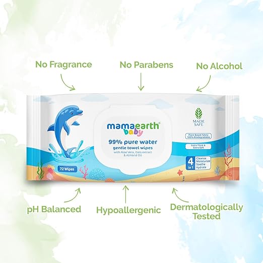 Mamaearth Baby 99% Pure Water Gentle Towel Wipes-72pcs|Made Safe Approved|4-In-1 Benefits-Cleanses,Moisturizes, Soothes & Hydrates Skin|Extra Thick