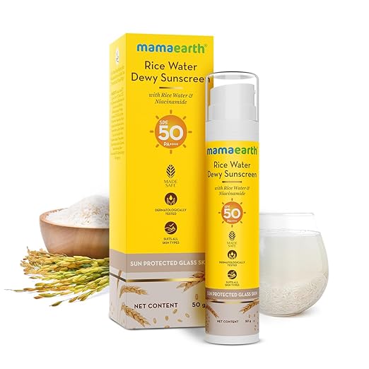 Mamaearth Rice Water Dewy Sunscreen with Rice Water & Niacinamide 50 g | Gives SPF50 & PA++++ Protection | For Glass Skin Glow | Evens Skin Tone | UVA & UVB Protection | No White Cast | All Skin Types