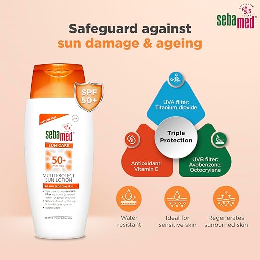 Sebamed Multi Protect Sun lotion SPF 50, 150 ml I UVA/UVB Protection filter I Water resistant sunscreen with pH 5.5 I Vitamin E I men & women I Suitable for children I Clinically tested.