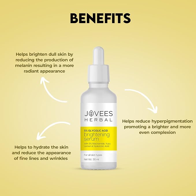 Jovees Herbal 5% Glycolic Acid Brightening Serum With 5% Niacinamide Yuzu Lemon & Hyaluronic Acid | Improves Skin Texture & Uneven Skin | For All Skin Types | 30 ml