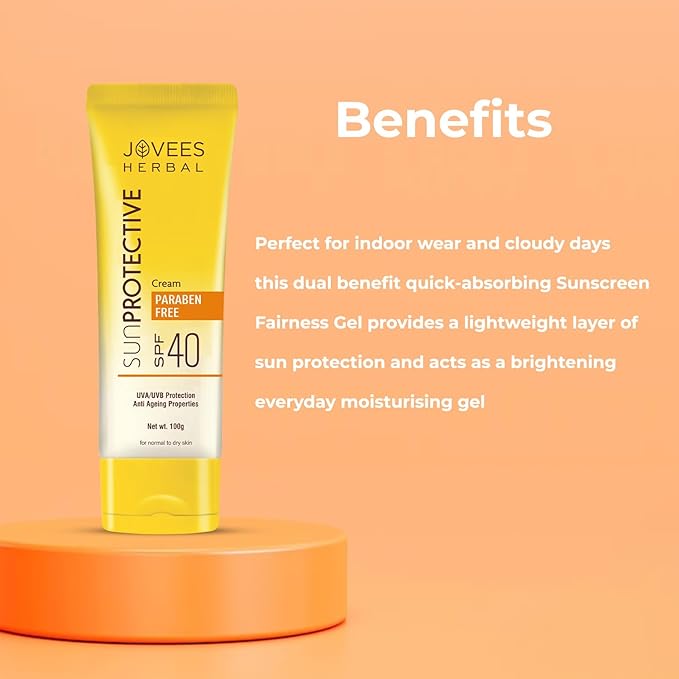Jovees Herbal Sun Protective Sunscreen SPF 40, 100g | Lightweight and Oil Free - UVA & UVB Protection | Normal to Dry Skin Types | Paraben & Alcohol Free