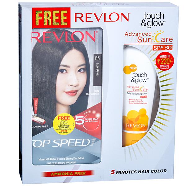Revlon Top Speed Hair Color Dark Brown 65 (Free Touch & Glow Spf 30 Sun Care Lotion 50 ml) (40 g + 40 g + 15 ml)