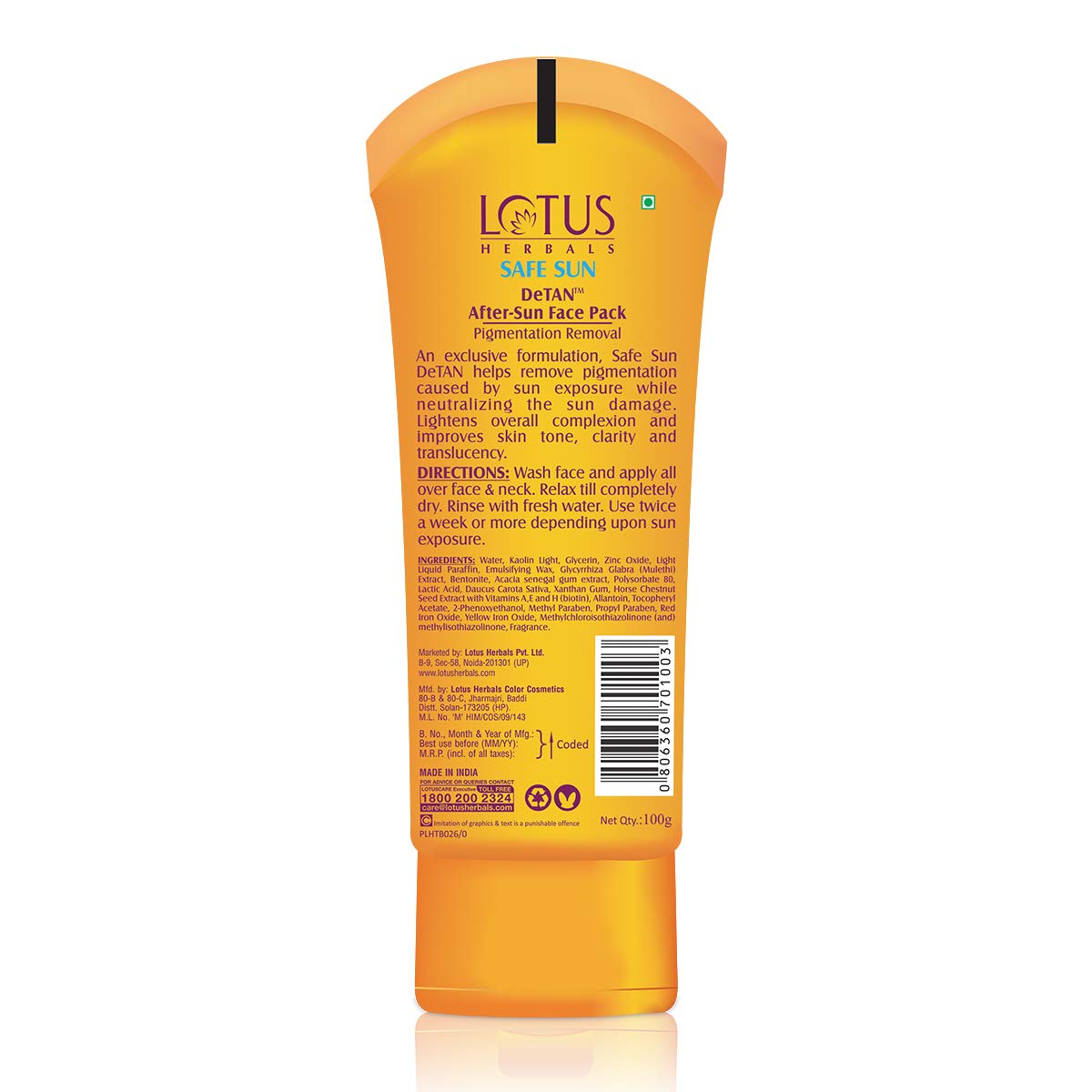Lotus Safe Sun DeTan After-Sun Face Pack, reduces Sun Tan, Brightens Skin, 100g