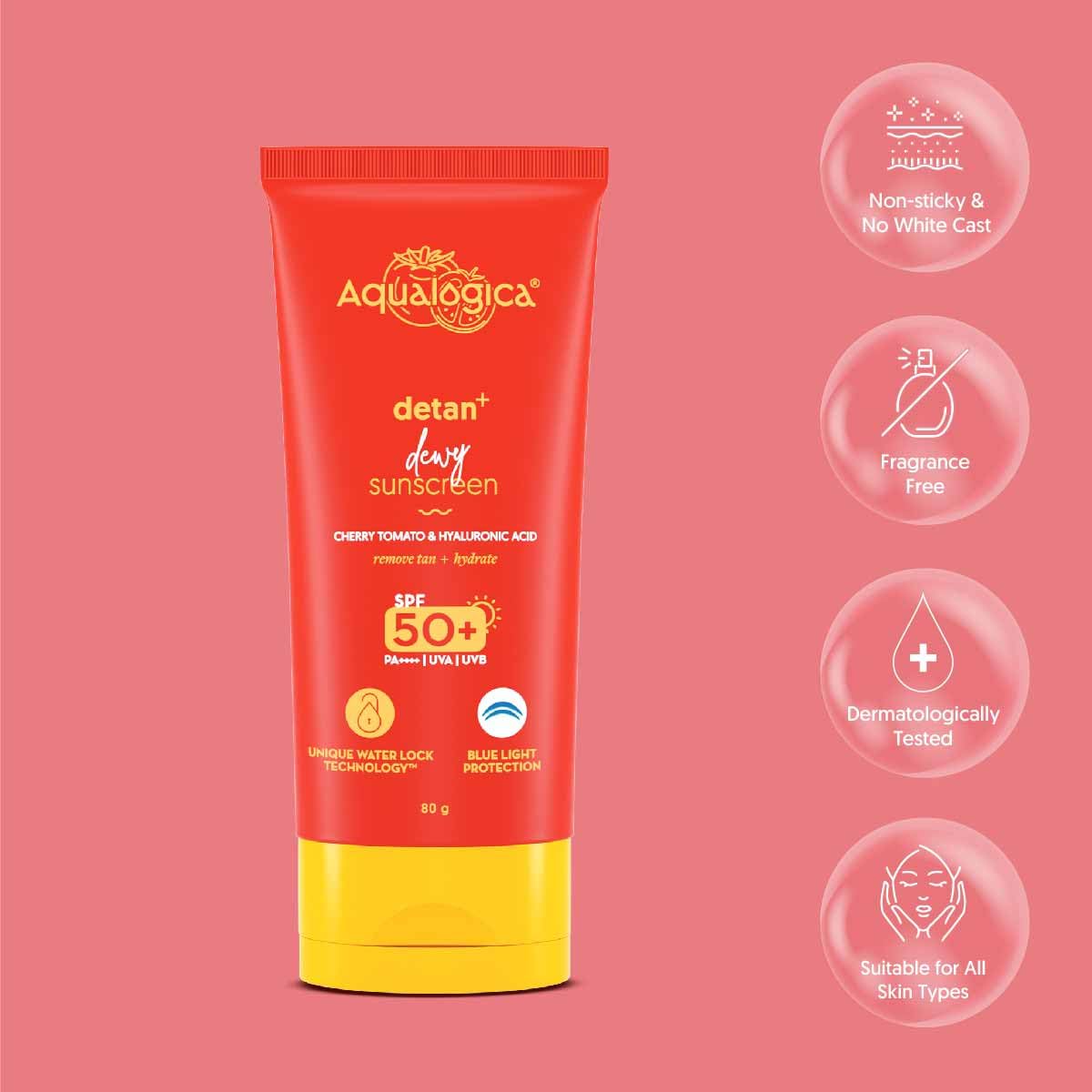 Aqualogica Detan+ Dewy Sunscreen with Cherry Tomato & Hyaluronic Acid with SPF 50 & PA++++ for Men & Women - For Normal, Dry & Combination Skin 80g
