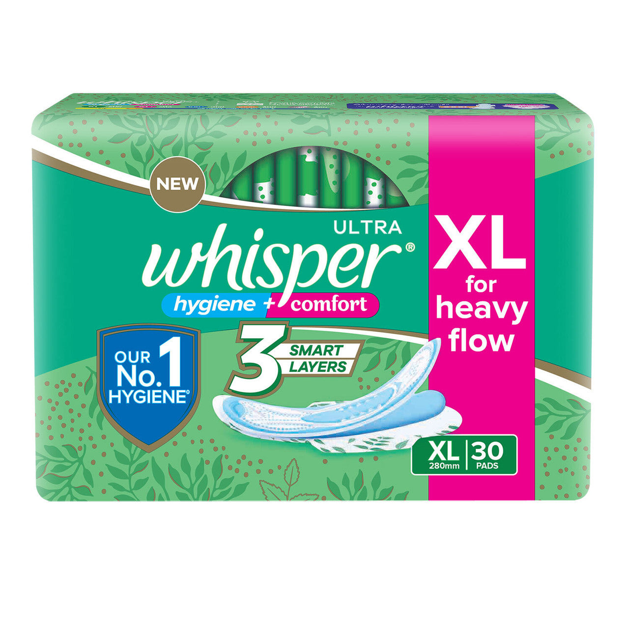 Whisper Ultra Hygiene+Comfort Sanitary Pads, 30 XL Pads, XL for Heavy Flow, Ultimate Protection & Comfort, Locks Odour & wetness, Cotton like soft top layer, Disposable Wrapper