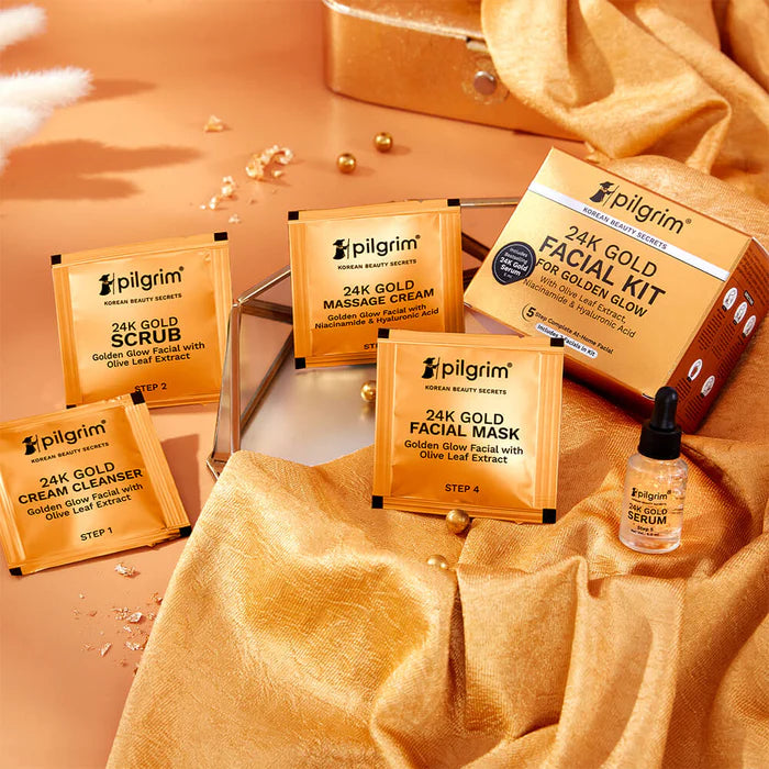 PILGRIM 24K GOLD FACIAL KIT FOR GOLDEN GLOW INCLUDES 3 FACIALS IN KIT