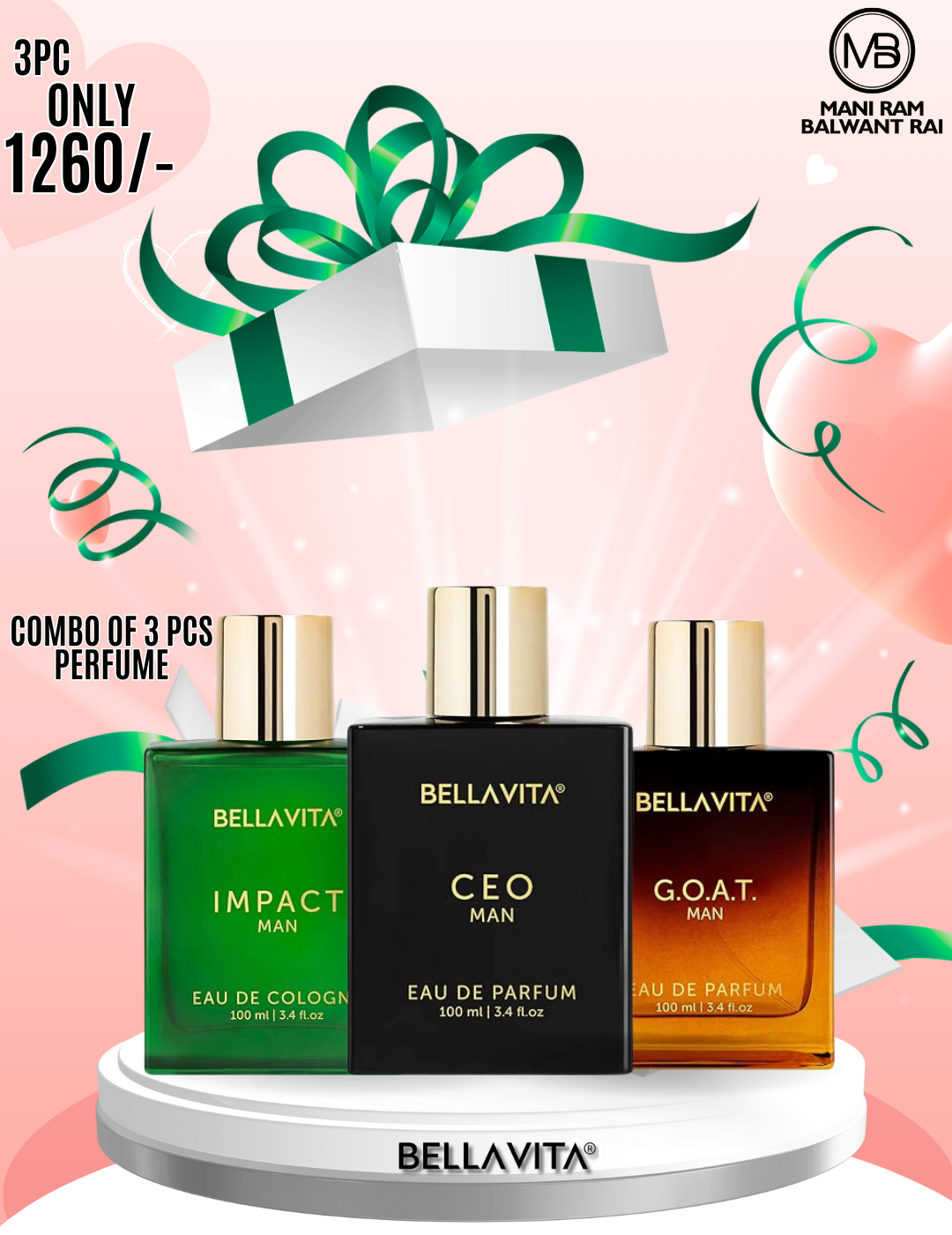 Bella Vita Luxury Man Eau De Parfum Combo 3 x 100ml for Man With CEO G.O.A.T IMPACT Long Lasting Fragrance Gift Set