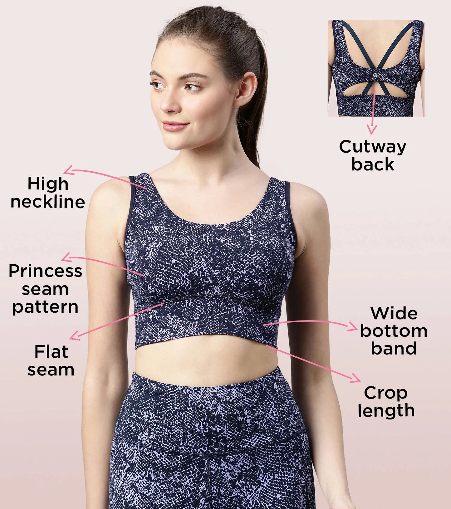 Enamor Longline Sports Bra – Printed | Scoop Neck Medium Impact Dry Fit Sports Bra | Held-in Fit E217