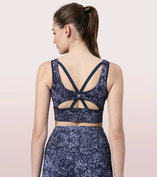 Enamor Longline Sports Bra – Printed | Scoop Neck Medium Impact Dry Fit Sports Bra | Held-in Fit E217