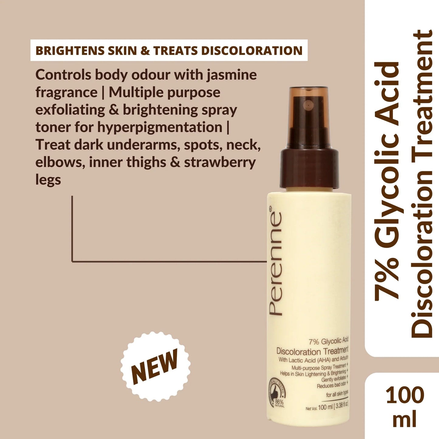 Perenne 7% Glycolic Acid Discoloration Treatment Spray for Skin Brightening | Controls Body Odour | Helps reduce the darkness and pigmentation of underarms, elbows, neck, knees, and inner thighs | Multiple purpose spray for Face, Body and Scalp | 100ml