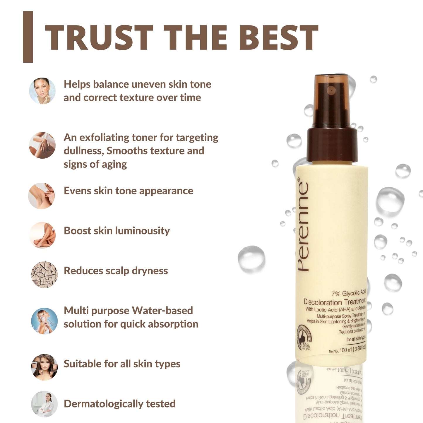 Perenne 7% Glycolic Acid Discoloration Treatment Spray for Skin Brightening | Controls Body Odour | Helps reduce the darkness and pigmentation of underarms, elbows, neck, knees, and inner thighs | Multiple purpose spray for Face, Body and Scalp | 100ml