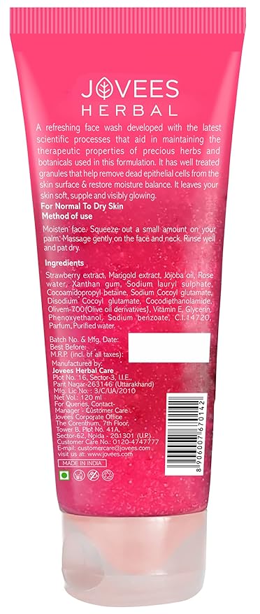 Jovees Herbal Strawberry Face Wash For Hydrating & Glowing Skin with Strawberry Ext. | Gentle Cleanser For Brightens Skin, Removes Pigmentation 120ml