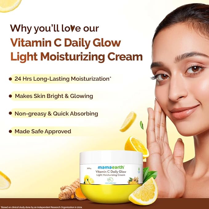 Mamaearth Vitamin C Daily Glow Light Moisturizing Cream with Vitamin C & Turmeric For Face, Hand & Body | 24H Moisturization | Quick Absorbing, Non-Greasy | Soft Moisturizer 200g