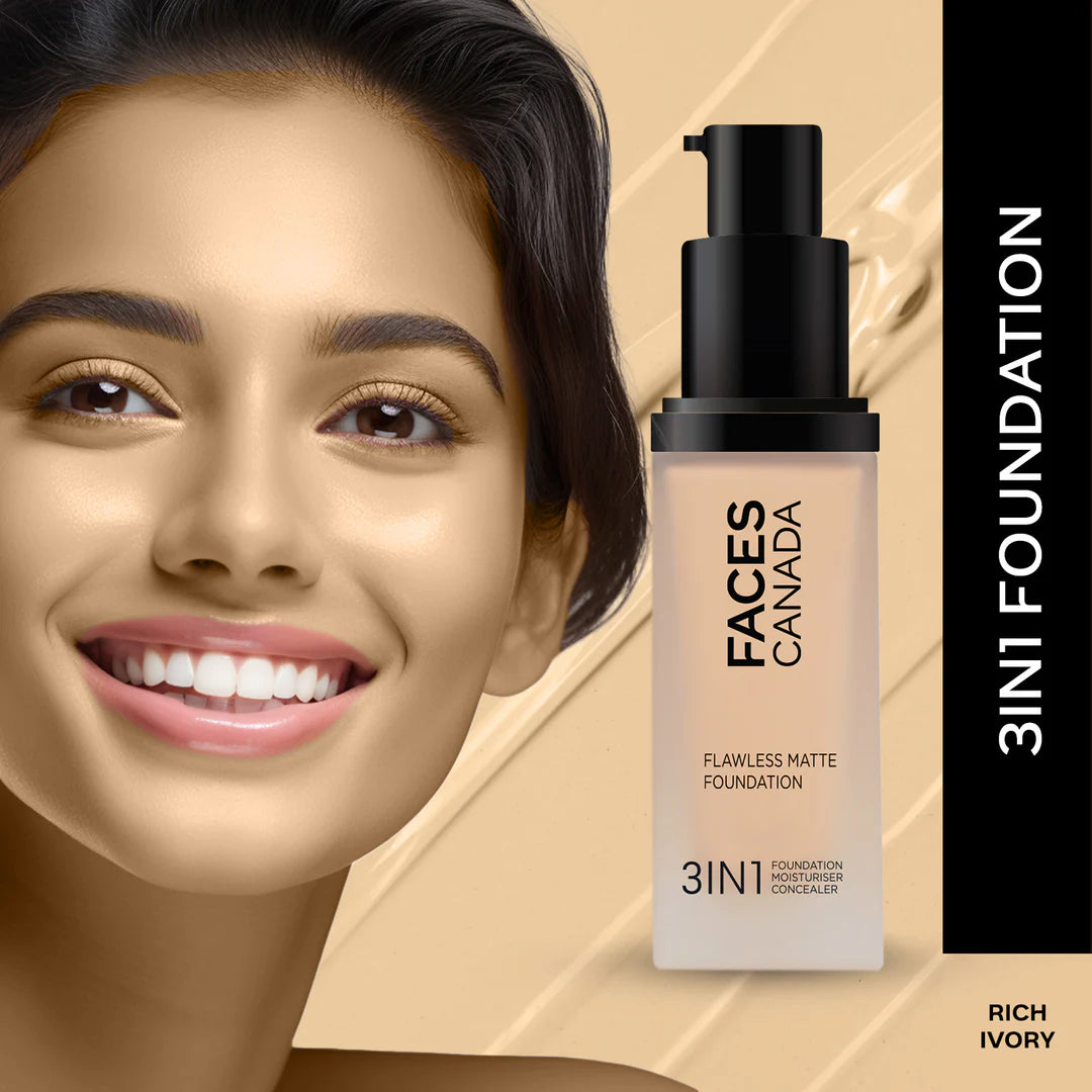 FACES CANADA Flawless Matte Foundation 30 ml | 3-in-1 Foundation + Moisturizer + Concealer | 12 HR Hydration + SPF 18 | Full HD Matte Coverage | Lightweight | Anti Ageing